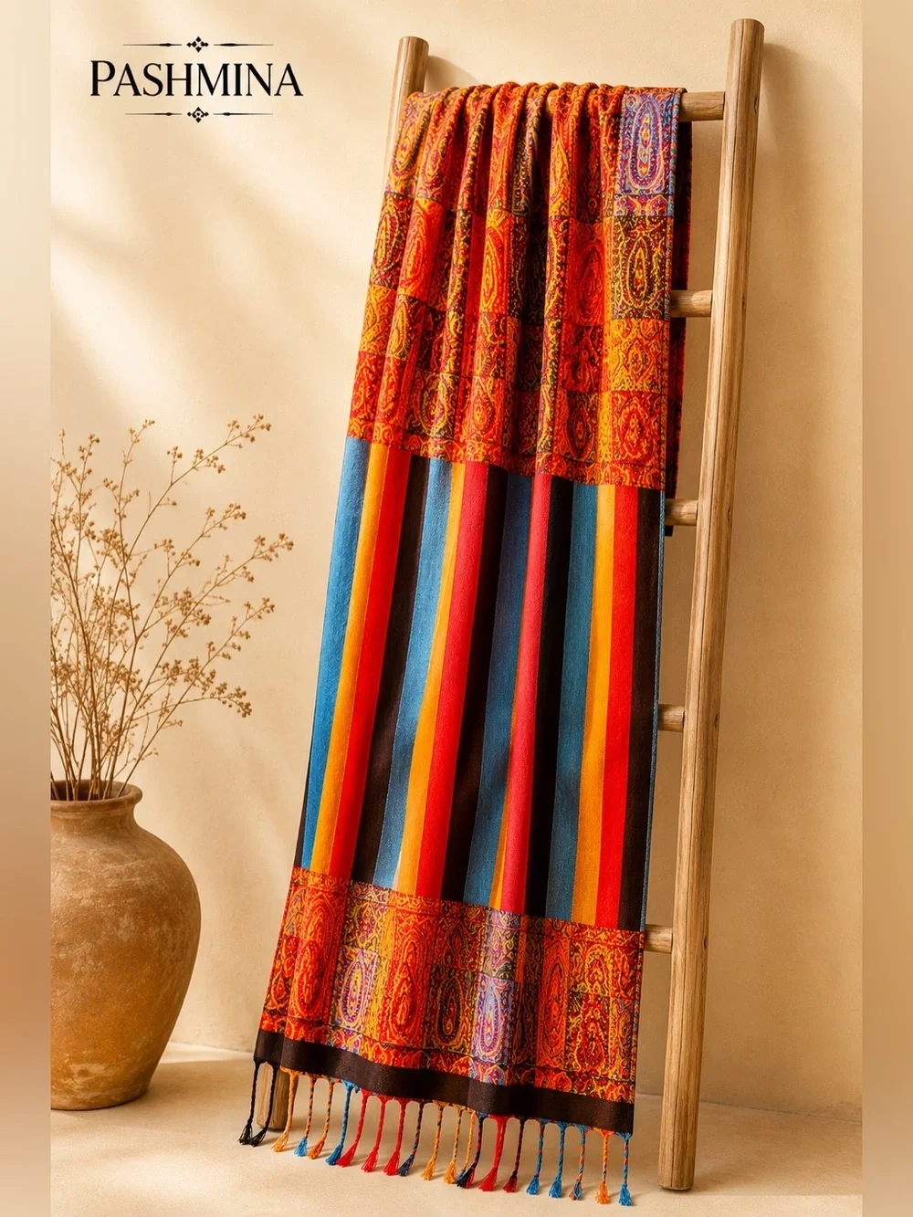 Pashmina Paisley Striped Oversized Scarf Wrap Multicolor Fringe NWOT